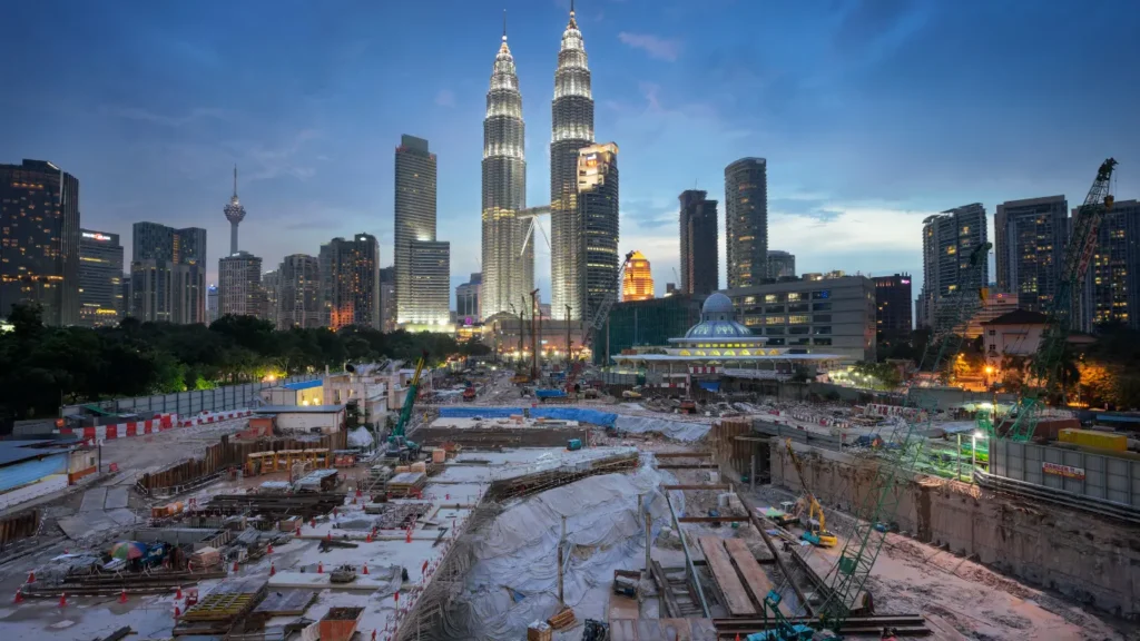 Construction timelapse showing large infrastructure development in Kuala Lumpur, Malaysia